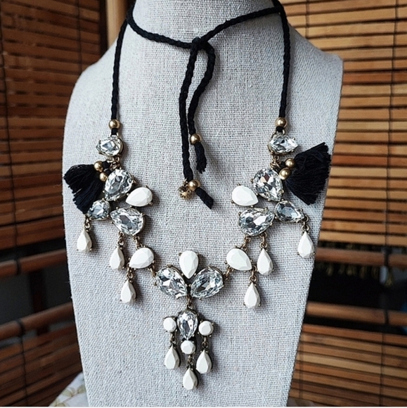 J. Crew Teardrop Eggshell Color Acrylic Brass Tone Rhinestone Pierced Earrings - Picture 12 of 12